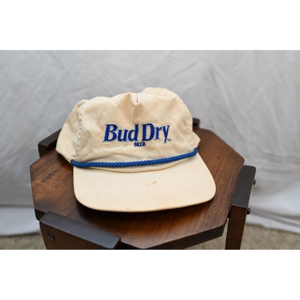 Vintage Bud Dry Beer Strapback Trucker Hat Made in USA Rope Brim Cream Cap